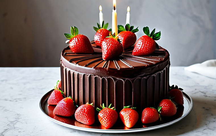 **

A vibrant chocolate cake decorated with fresh strawberries, fully clothed, appropriate attire, safe for work, perfect anatomy, natural proportions, professional food photography, high quality. The cake is set on a festive table with candles, ideal for a birthday celebration, modest and family-friendly.

**