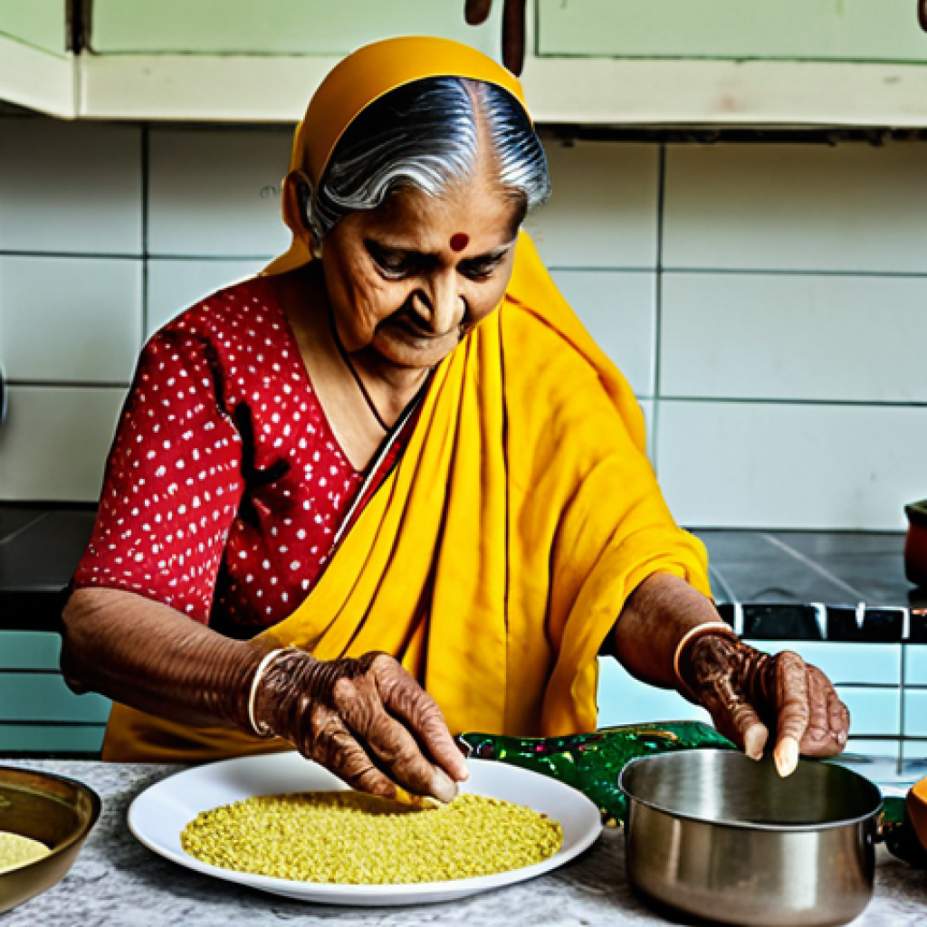 전통 과자와 현대 과자 비교 - **Prompt:** A heartwarming scene of a grandmother in traditional Indian attire preparing Besan Barfi...