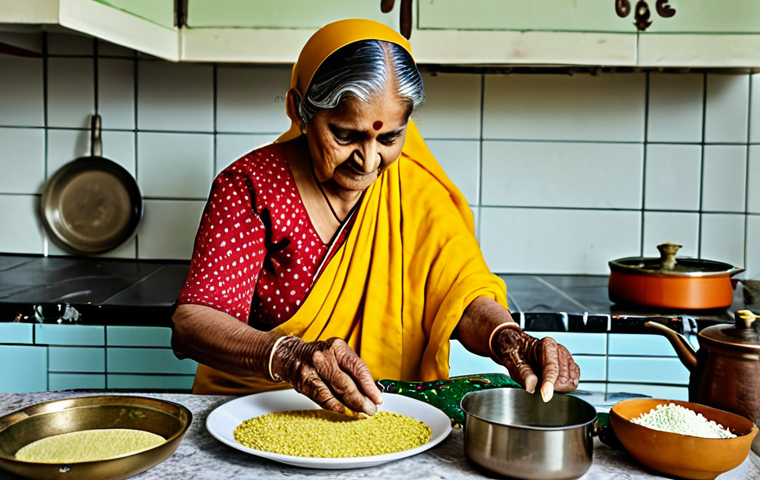 전통 과자와 현대 과자 비교 - **Prompt:** A heartwarming scene of a grandmother in traditional Indian attire preparing Besan Barfi...