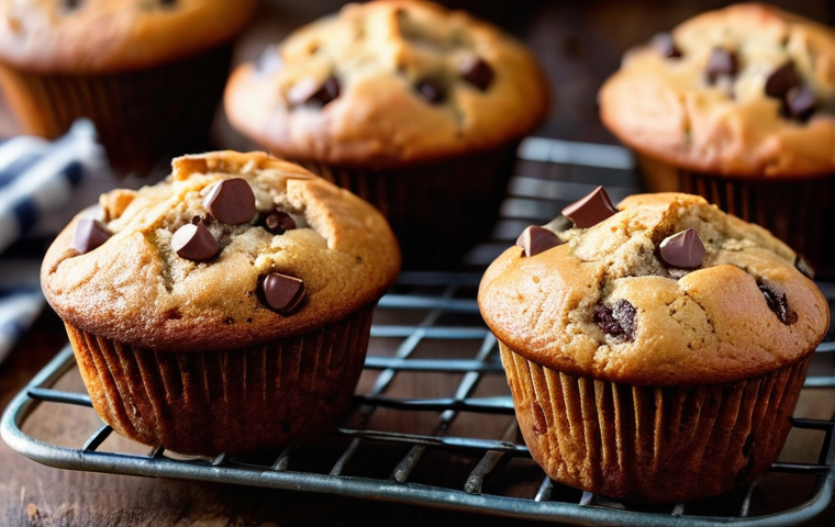 고단백 제과 제품 - **Prompt:** A close-up shot of several freshly baked, golden-brown high-protein chocolate chip muffi...