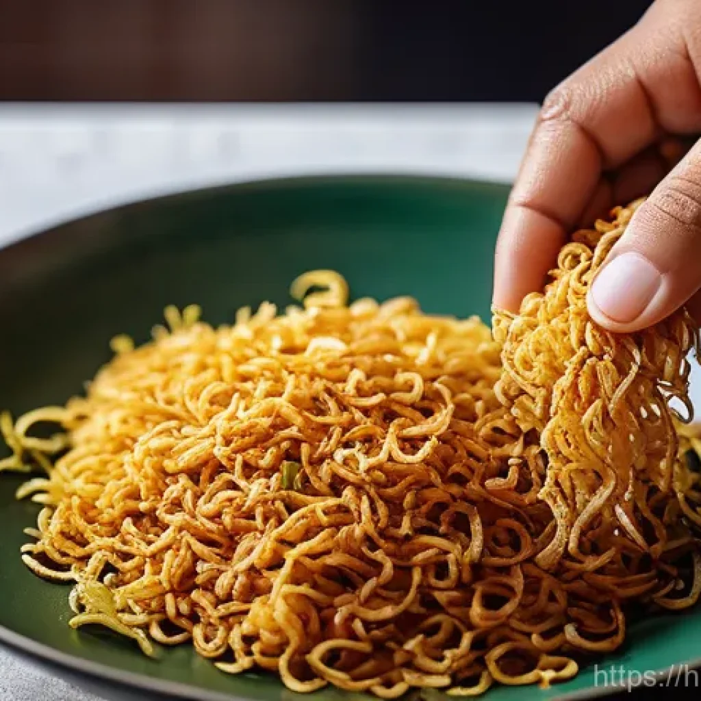 과자 제조 시 주원료 - **Prompt:** A close-up, appetizing shot of freshly prepared, golden-brown 'Sev Namkeen' (a type of I...