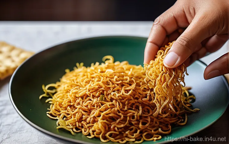 과자 제조 시 주원료 - **Prompt:** A close-up, appetizing shot of freshly prepared, golden-brown 'Sev Namkeen' (a type of I...