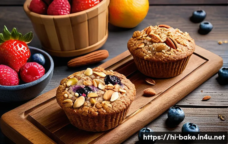 비타민 함량이 높은 제과 제품 - A vibrant kitchen scene featuring a variety of healthy baked goods made with whole grains, nuts, and...