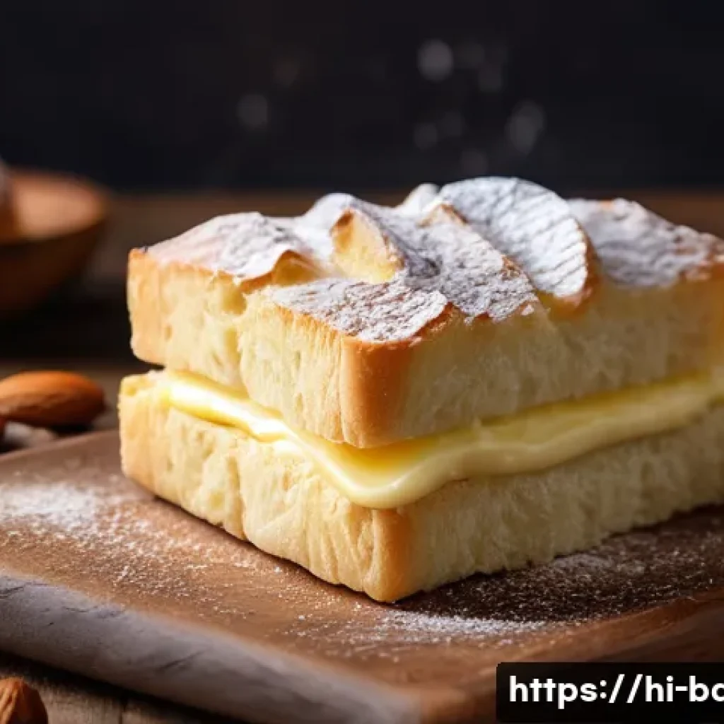 커스터드 크림빵 제조법 - A close-up image of a freshly made custard cream bread slice on a rustic wooden plate, showcasing th...