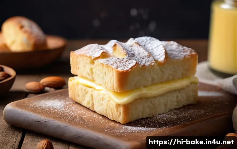 커스터드 크림빵 제조법 - A close-up image of a freshly made custard cream bread slice on a rustic wooden plate, showcasing th...