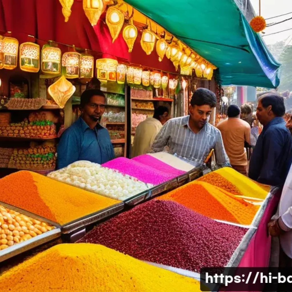 디저트 제과 가격 비교 - A vibrant Indian sweet market scene during a festival like Diwali, showing various branded and local...