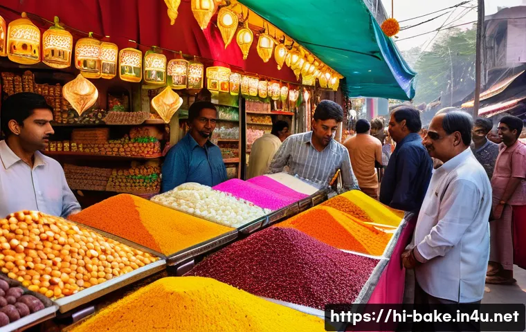 디저트 제과 가격 비교 - A vibrant Indian sweet market scene during a festival like Diwali, showing various branded and local...