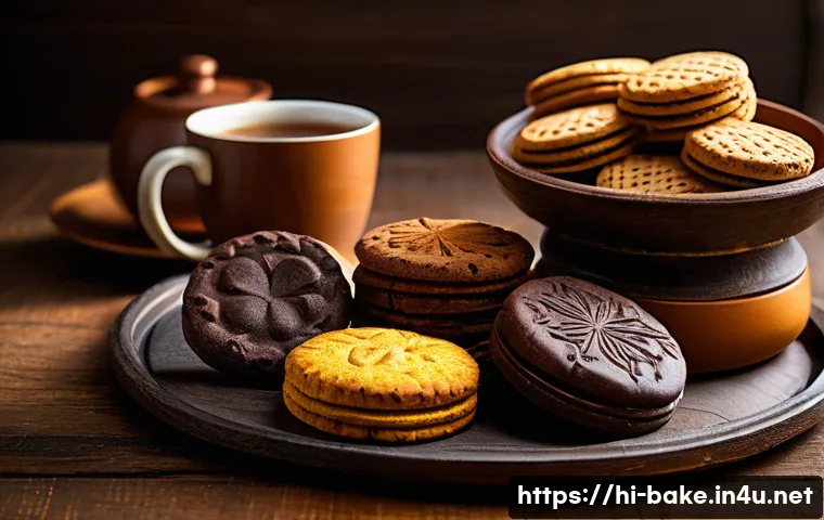 초코과자 제조사별 비교 - A vibrant close-up image of assorted chocolate biscuits from different Indian brands displayed on a ...
