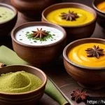 Home 21 유산균이 포함된 제과 - A vibrant and detailed illustration of traditional Indian probiotic sweets arranged on a rustic wood...