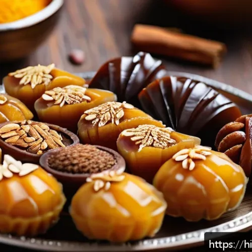 Home 32 식물성 제과 원료 - A vibrant and detailed close-up of traditional Indian sweets made from natural ingredients like jagg...