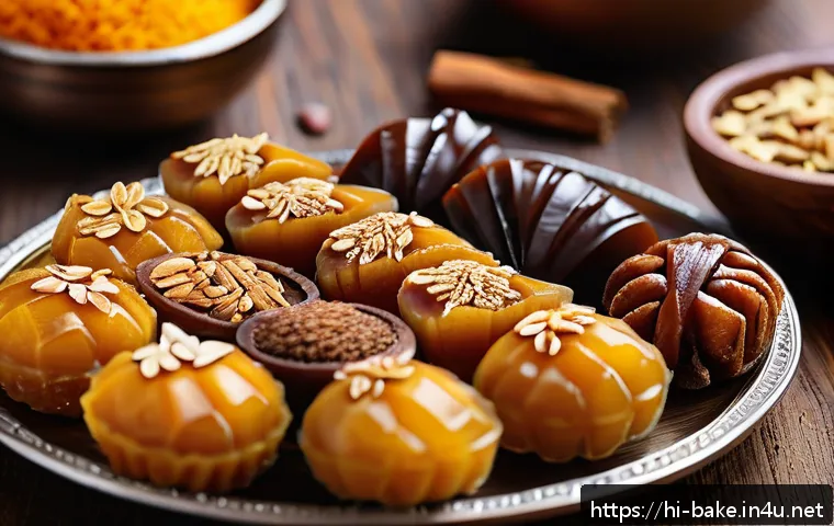 식물성 제과 원료 - A vibrant and detailed close-up of traditional Indian sweets made from natural ingredients like jagg...