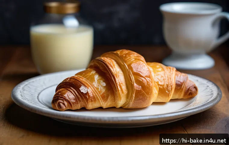 프랑스 제과 브랜드 - A close-up, high-resolution image of a freshly baked French croissant showcasing its delicate, golde...
