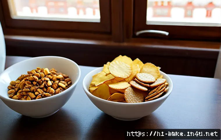 소금맛 과자 제품 - Photorealistic product-style scene of assorted salty snack foods in plain unbranded bowls: crisp pot...