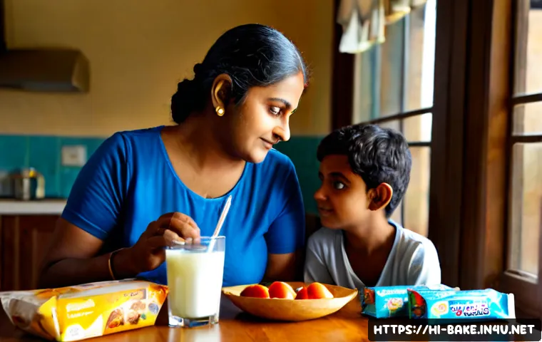 Home 17 어린이 과자 영양 정보 - Photorealistic Indian family kitchen scene, a caring mother and school-age child comparing two packa...