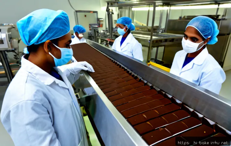 제로 설탕 초콜릿 제조사 - Photorealistic modern chocolate manufacturing facility in India, diverse food technicians in clean w...