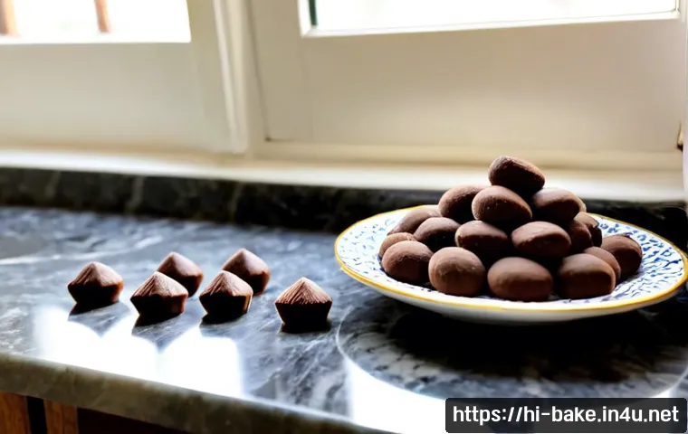 비건 제과 제품 - Photorealistic vegan confectionery assortment on a clean marble countertop: rich dark chocolate truf...