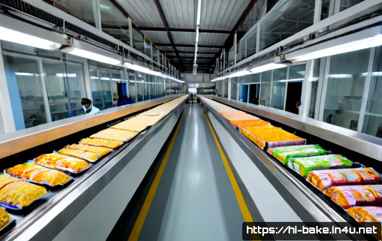 과자 제조 공장 투자 트렌드 - Photorealistic modern snack manufacturing factory in India, wide clean production floor with automat...